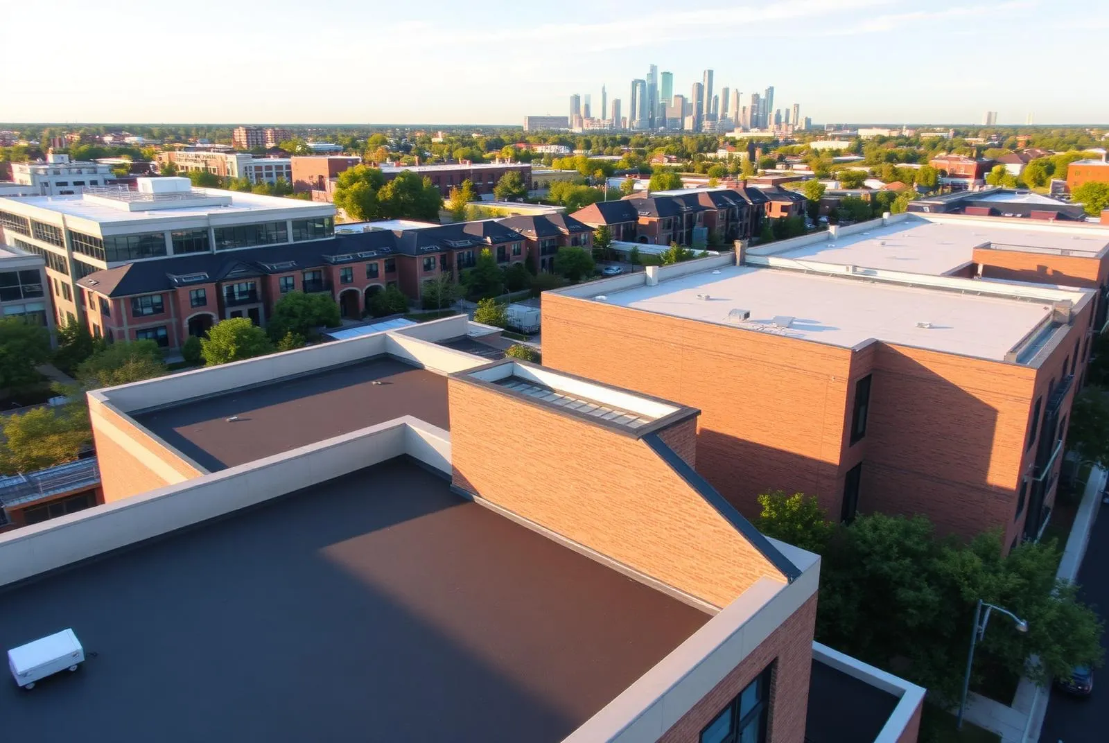 Commercial low-slope roof in the Addison area with rooftop equipment