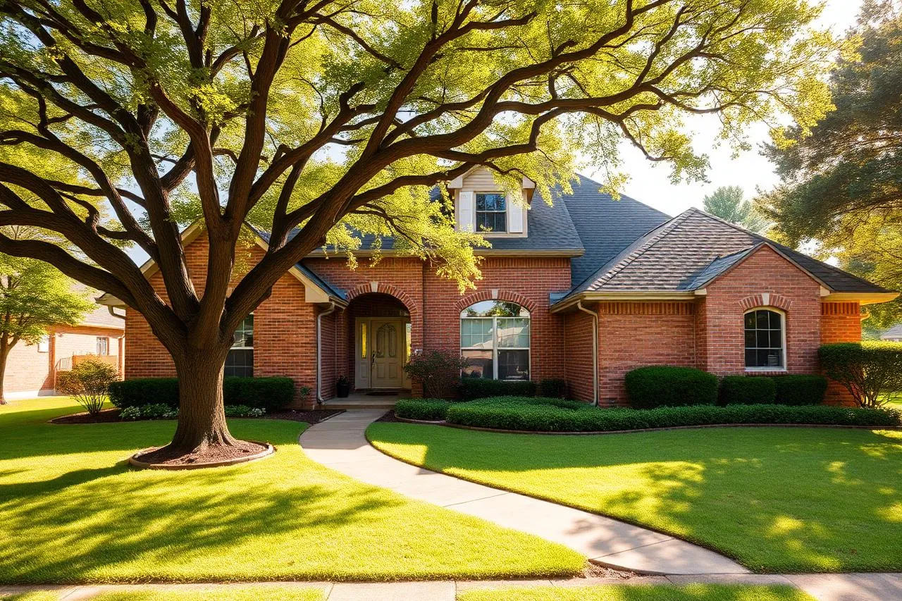 Arlington Texas brick home with a shingle roof under a mature front yard tree