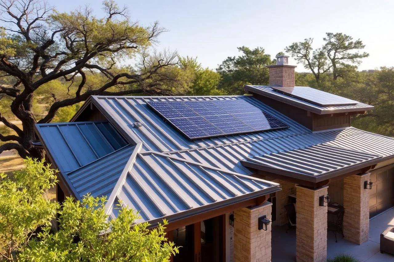 Austin Texas hill country home with a standing seam metal roof and rooftop solar panels