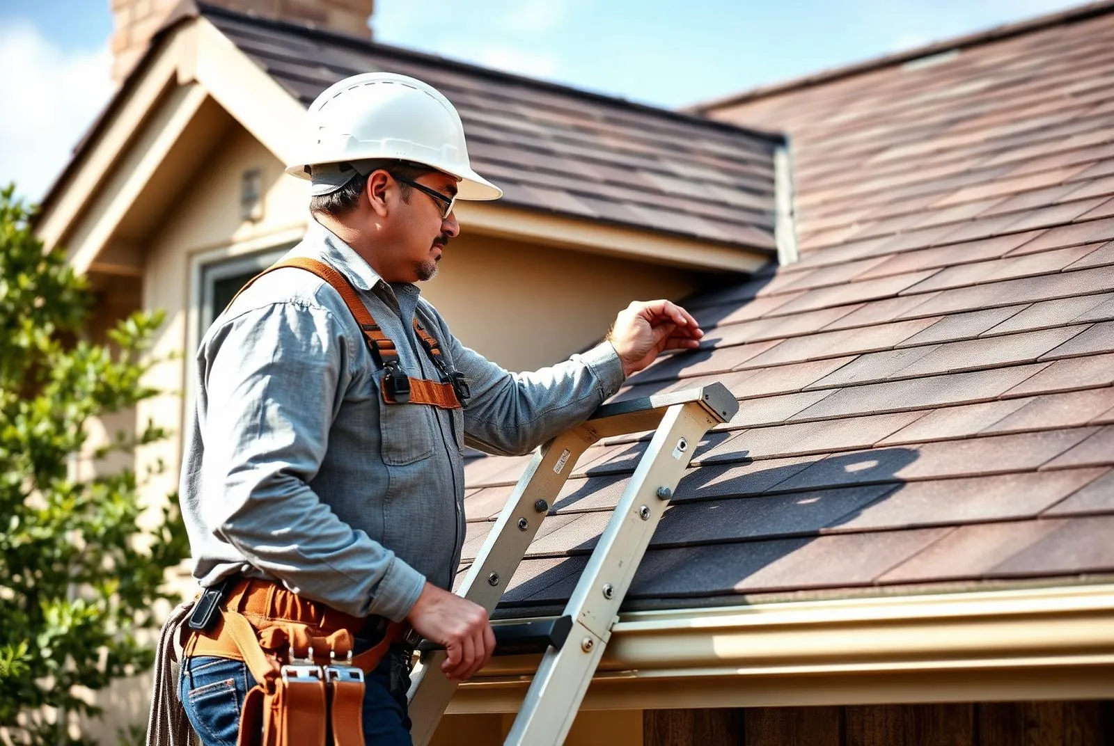 Roofing technician inspecting a shingle roof on an established Carrollton home