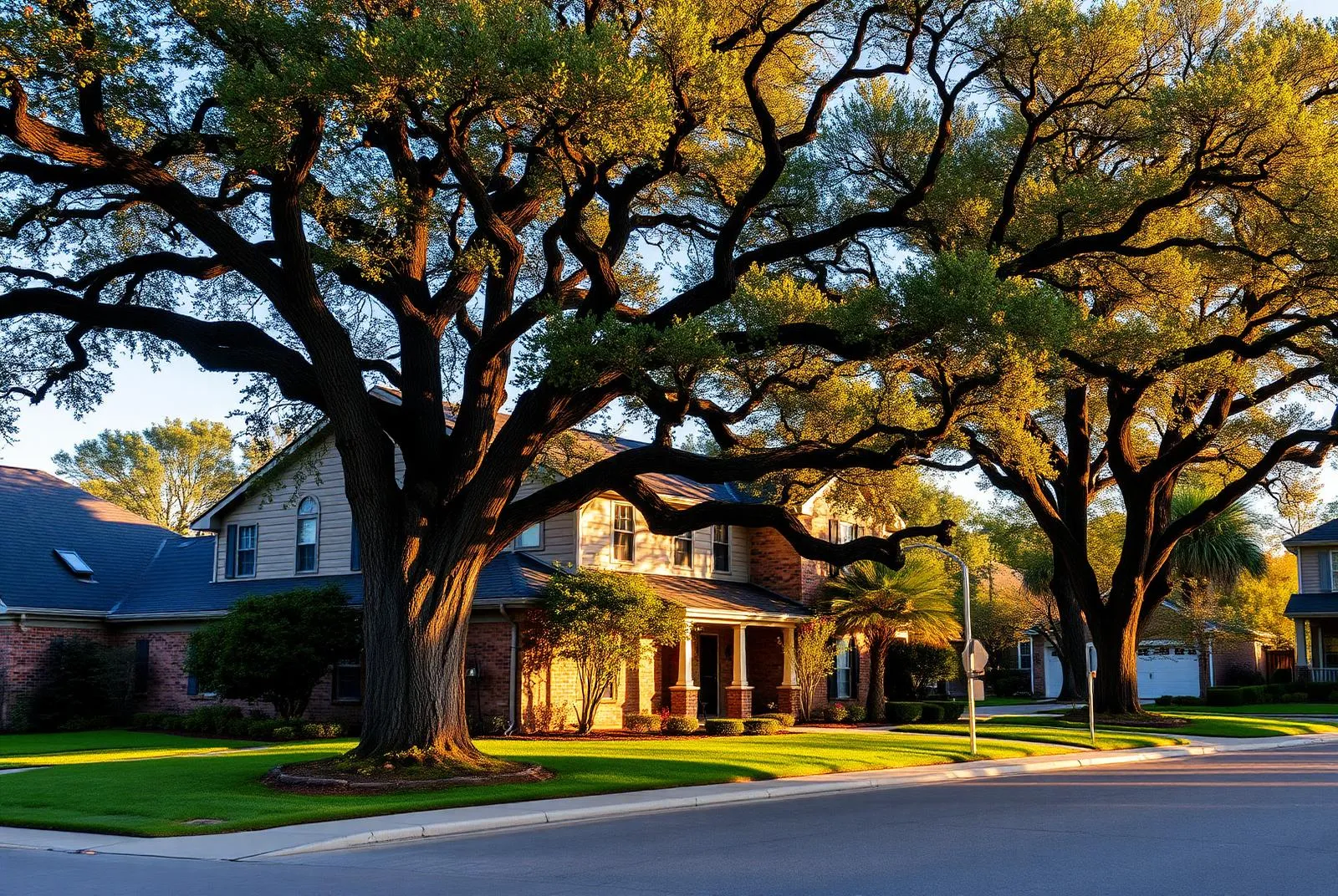 Established Dallas neighborhood home with a mature tree canopy and a shingle roof