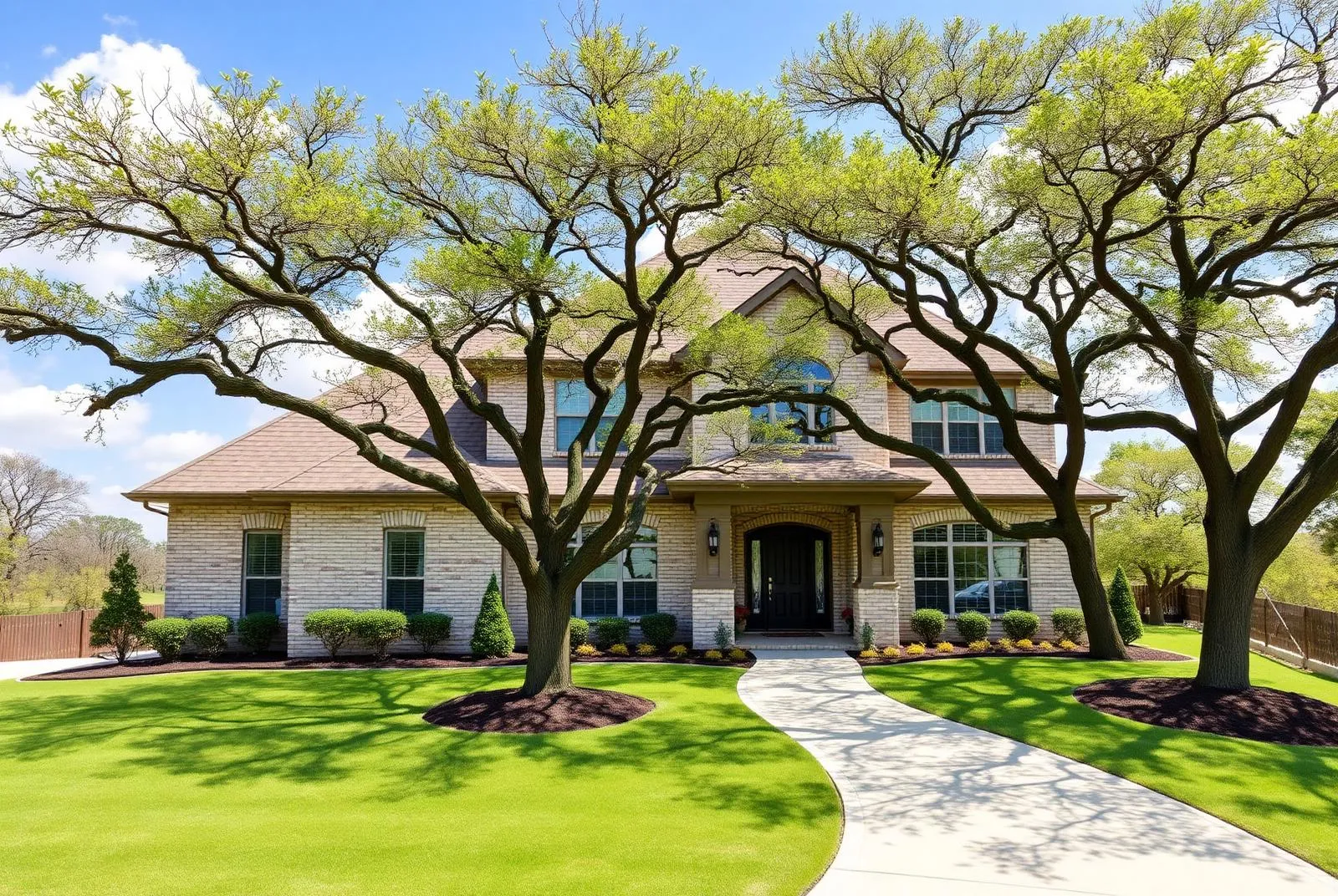 Flower Mound home with a traditional roofline and established landscaping