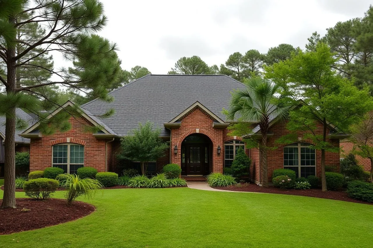 Houston Texas brick home with a dark shingle roof surrounded by pines and dense green landscaping