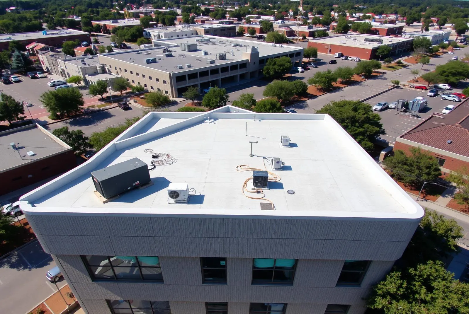 Low-slope commercial roof on an Irving area office building