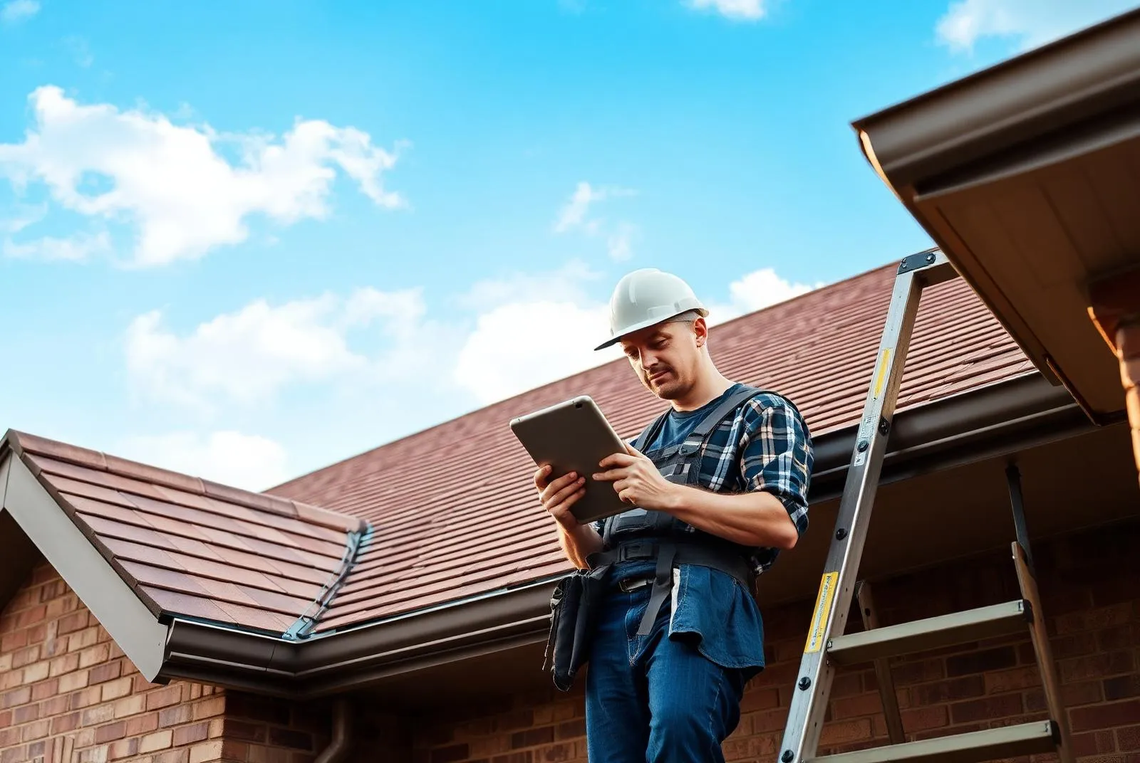 Roofing technician documenting shingle condition on a Lewisville home