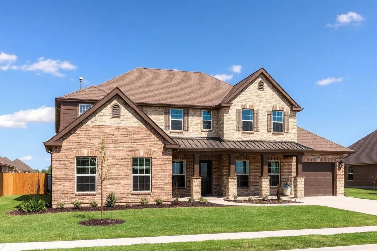 Little Elm Texas stone and brick two-story home with a brown dimensional shingle roof