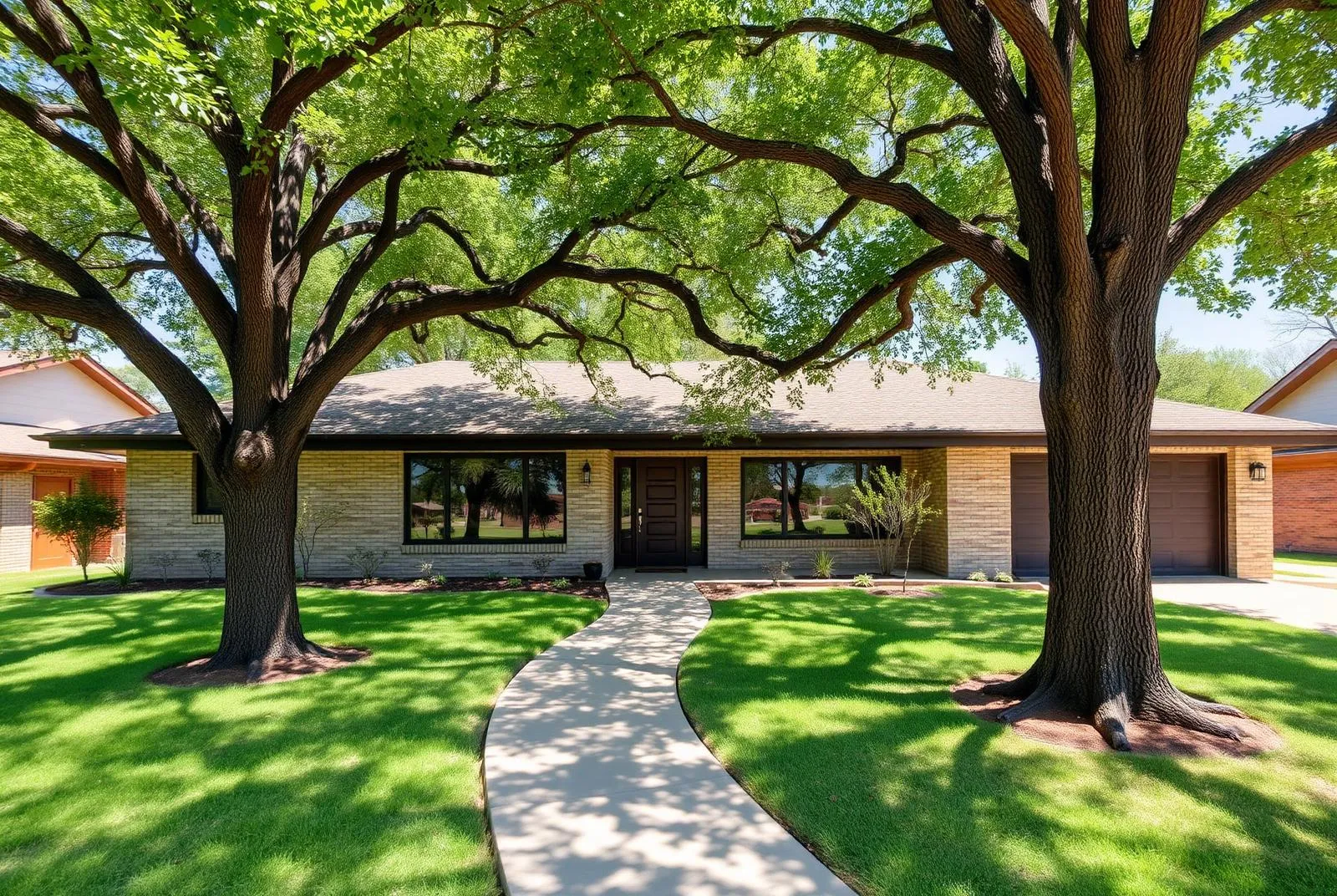 Mid-century Richardson home with a low-pitch shingle roof and mature trees