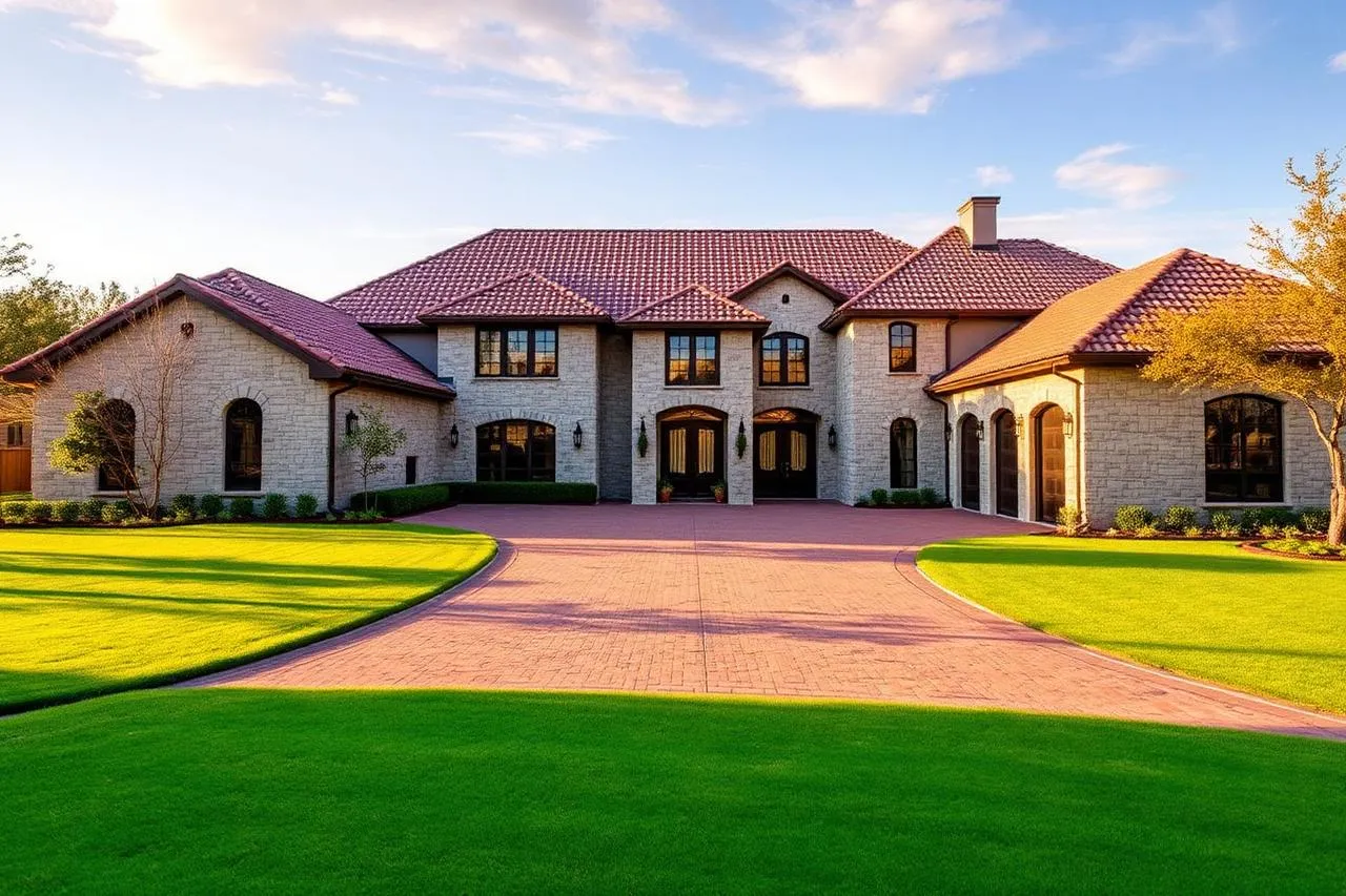 Westlake Texas estate home with a clay tile roof and limestone facade
