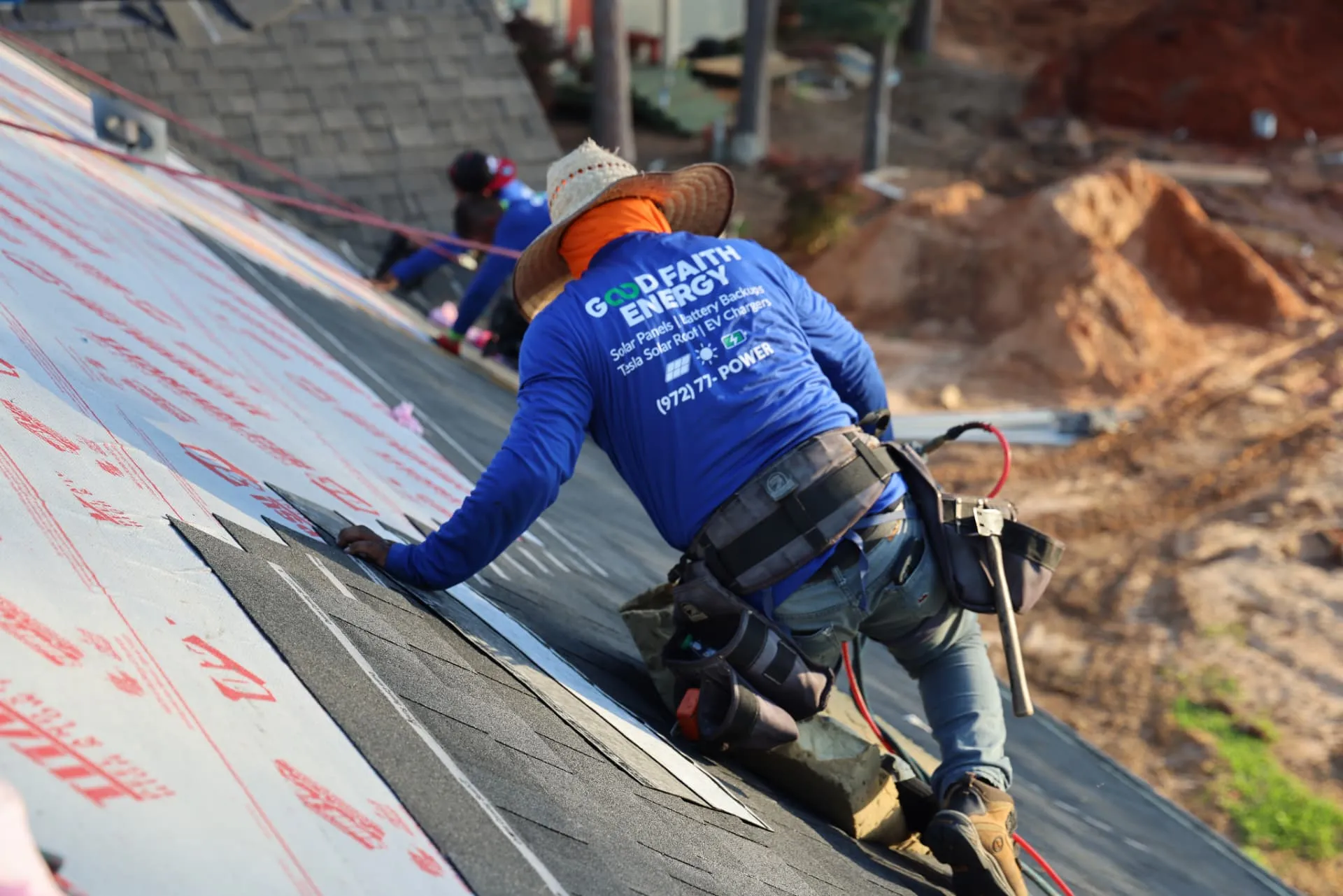 Roofing crew restoring a hail-damaged roof on a North Texas home