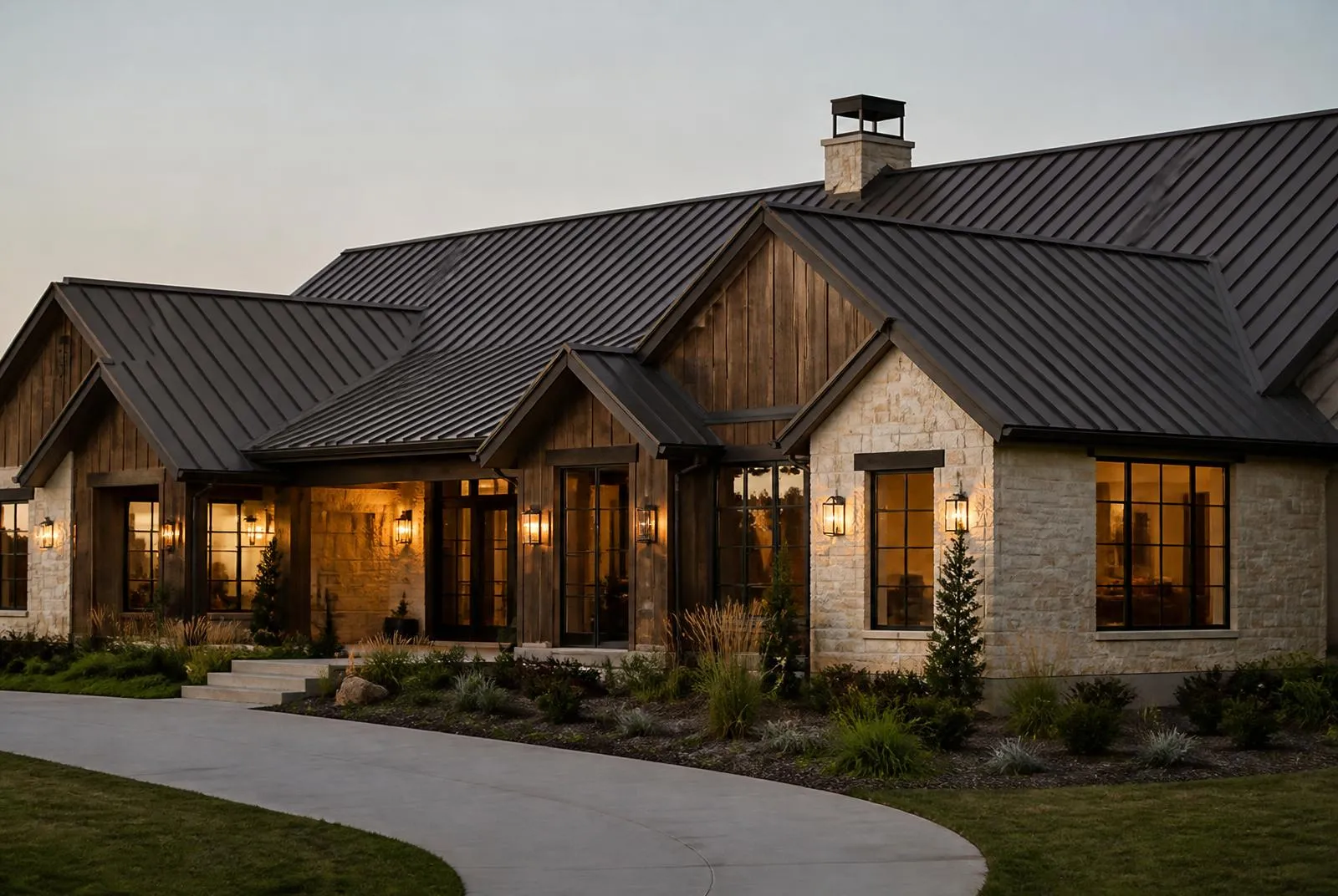 Dark bronze standing seam metal roof on a modern Texas ranch-style home at dusk