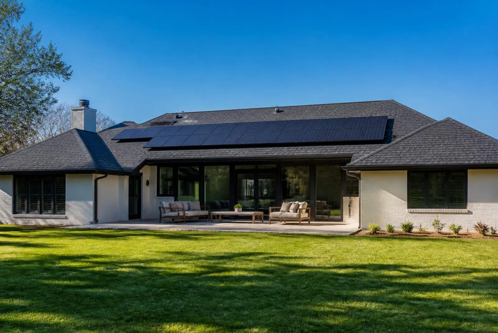 Addison ranch home with a newly replaced dark shingle roof and reinstalled black solar panels