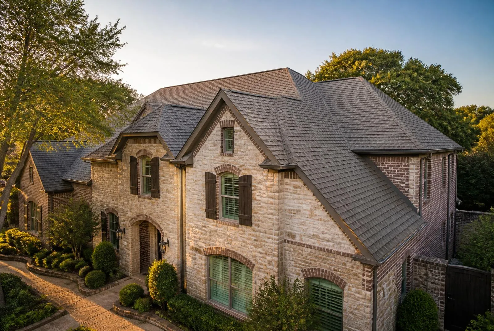 Completed architectural shingle roof on a two story brick and stone home in Flower Mound, Texas