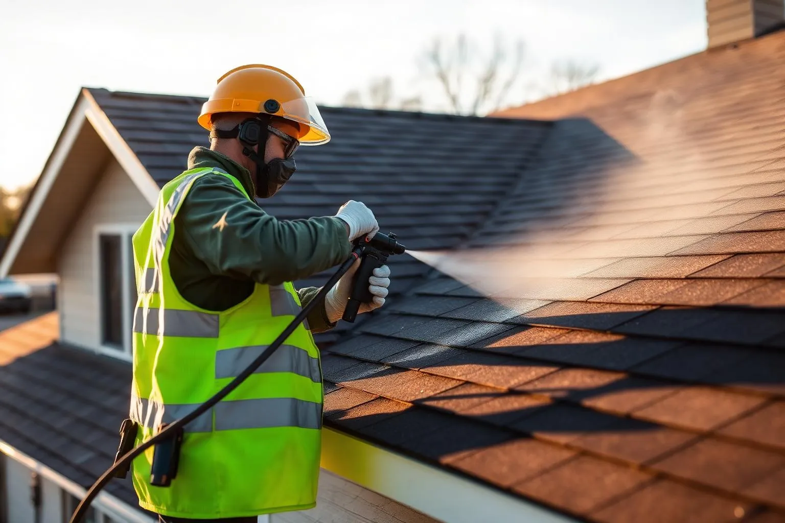 Technician spray-applying roof rejuvenation treatment to weathered asphalt shingles on a North Texas home