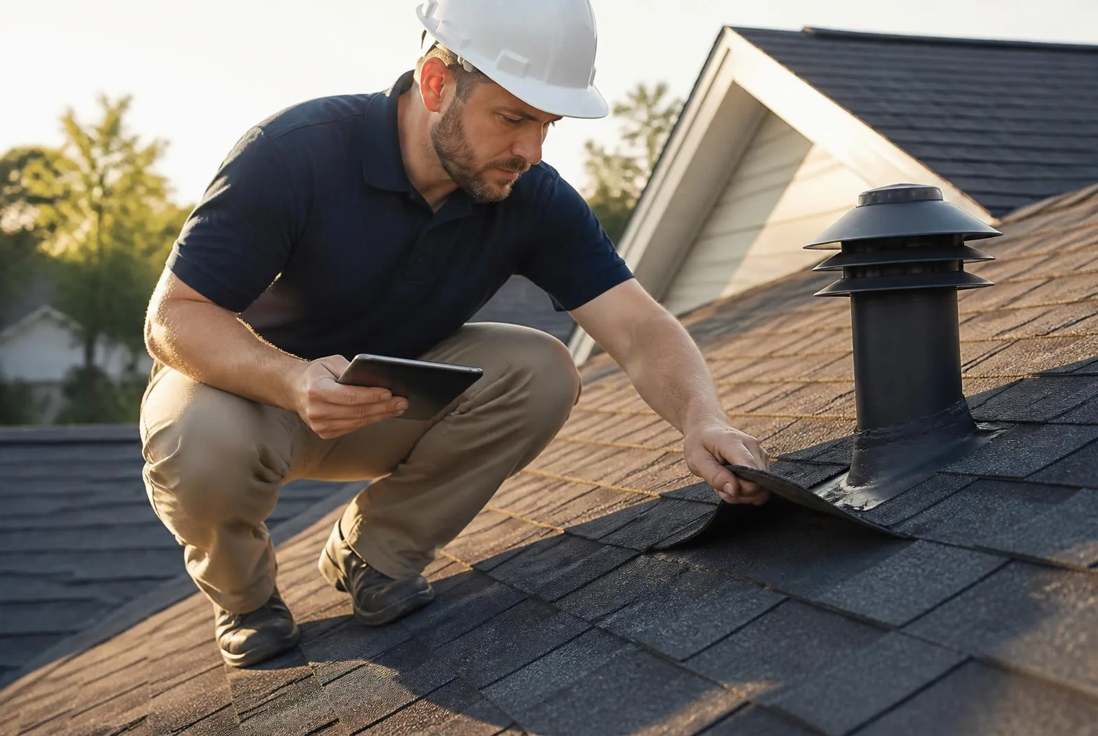 Technician examining lifted shingles and flashing after a wind event