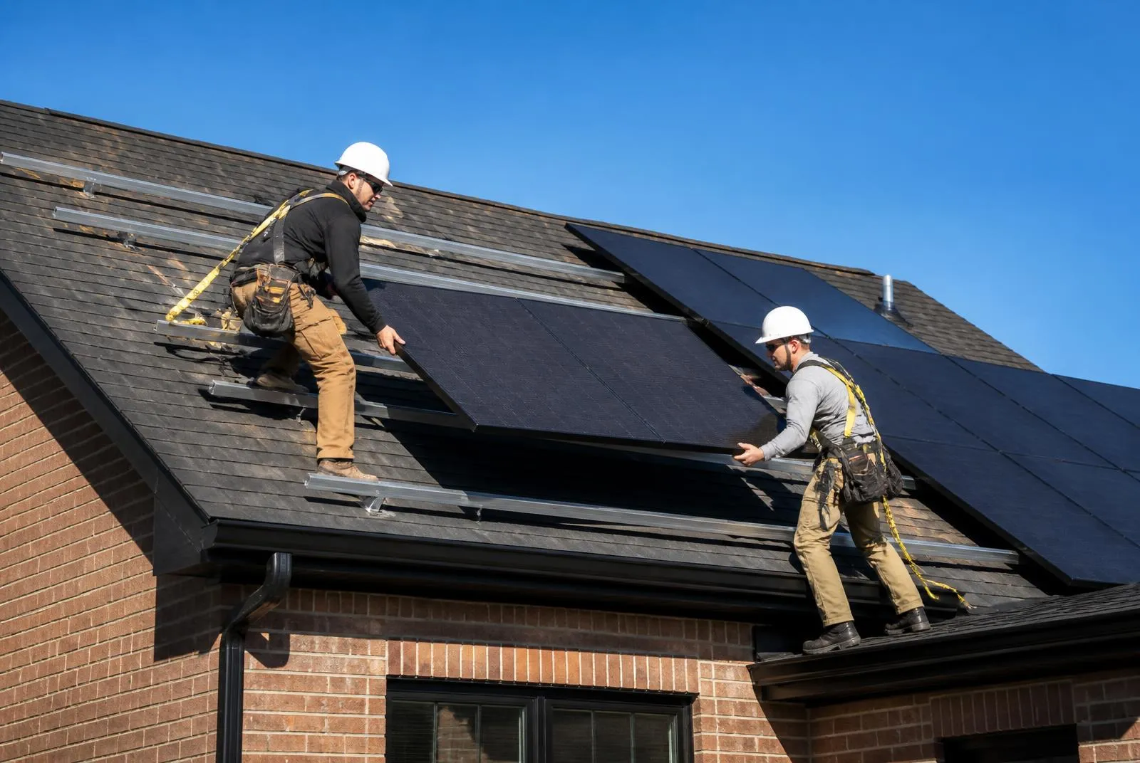 Two technicians in safety harnesses detaching solar panels from a residential shingle roof